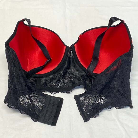 Daisy Fuentes Lace Long Line Hearts on Black Padded Underwire Bra Black Red 38DD - Picture 10 of 13